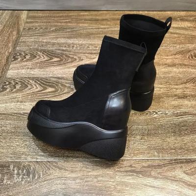 Модные ботильоны на платформе, эластичные, черные, на массивном каблуке, ботильоны для женщин, мода 2024, осень, горячая распродажа из искусственной кожи, большой размер, теплые, 39, женские короткие туфли