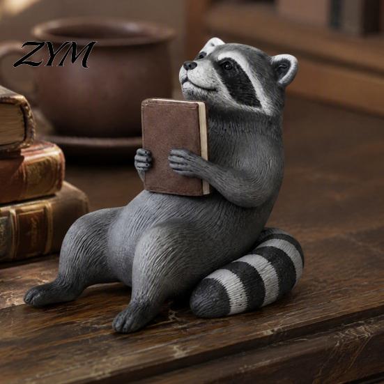 Realistic Raccoon Statue Reading Shelf Sitter, 3D Printed Bookworm Figurine with Vintage Vibe, Unique Gift for Book Lovers Cute Desk Bookshelf Decor,