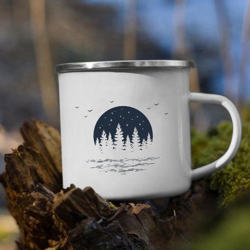 Mountain Camping Adventure Print Enamel Creative Coffee Water Milk Cups Camping Mugs Handle Drinkware Vacation Hiking Mug Gifts