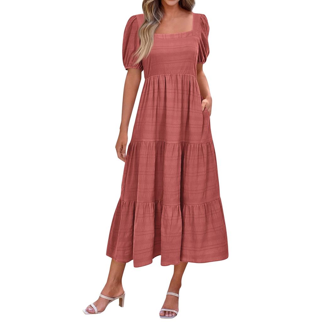 Women's Fashionable Solid Color Bubble Sleeve Square Neck Back Pleated Short Sleeved Pocket Dress