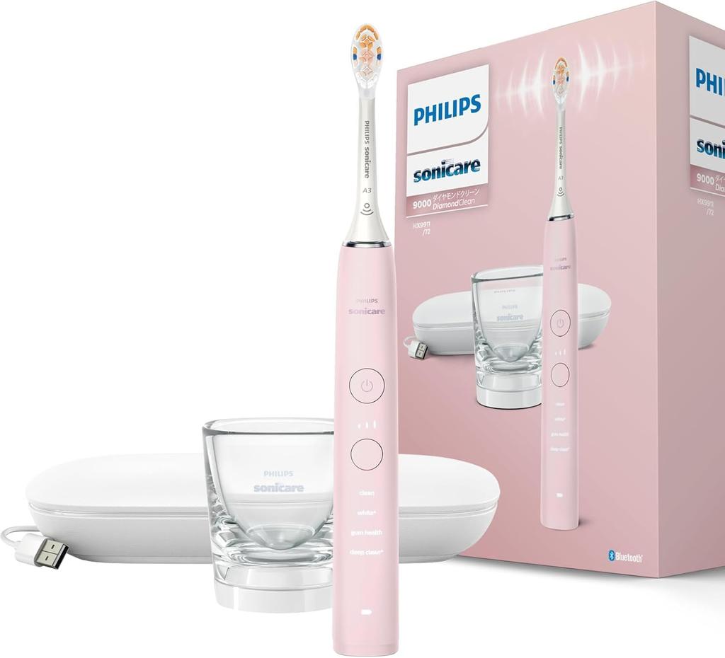 Philips Электрическая зубная щетка Sonicare DiamondClean 9000, дорожный чехол и зарядное устройство, розовая (со стеклом) HX9911/72,