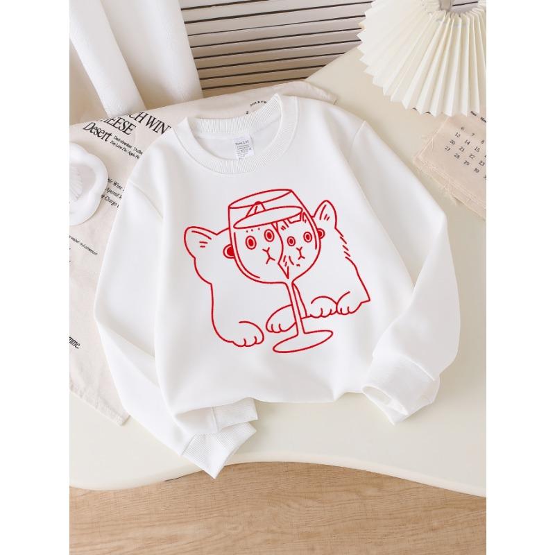 Европейские размеры Детские толстовки, Девичья осенне-зимняя толстовка с принтом "Кошка в бокале вина", с длинным рукавом, с круглым вырезом, Повседневная.