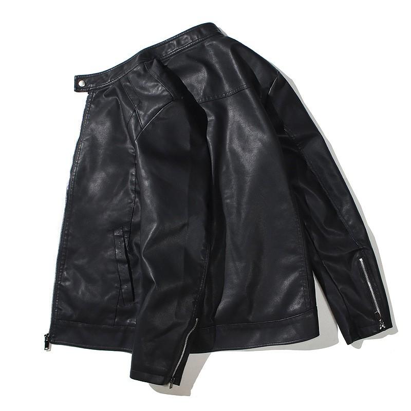 Mens Stand Collar PU Leather Jacket Fleece Lined Plus Size Casual Biker Coat Daily Wear
