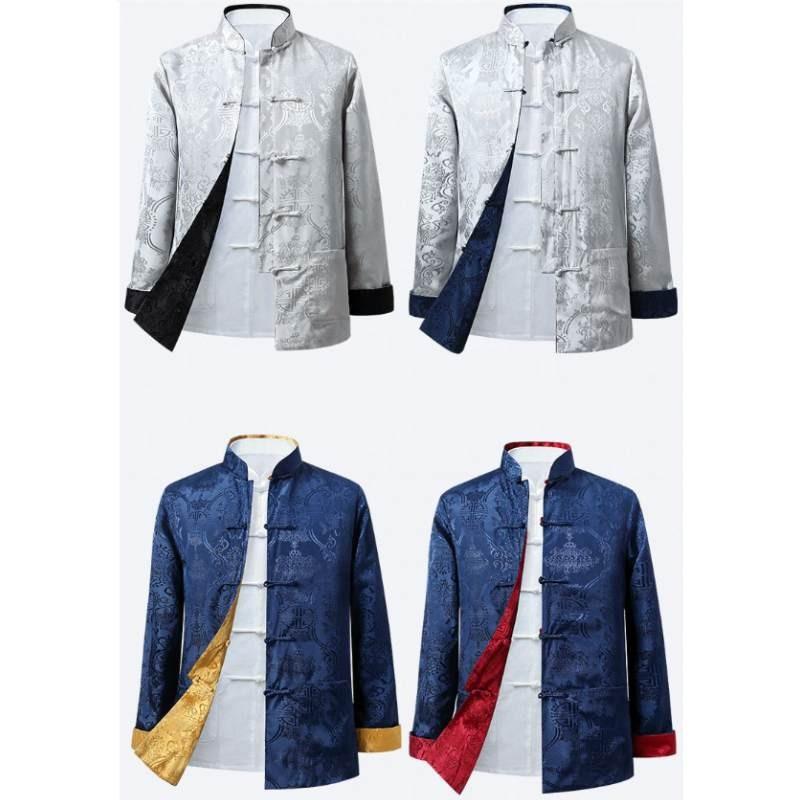 Traditional Chinese Tang Clothing Outer Jacket For Men With Doublesided Wear And Pocket Decor Perfect For Autumn