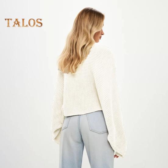 Women Sweater O-Neck Batwing Long Sleeve Solid Color Loose Fit Knitting Tops Exposed Navel Irregular Cross Sweater