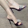 Purple Rhinestone Thin Heel Cool Slippers Women Wear Fringed Open Toe Word with Casual High Heels