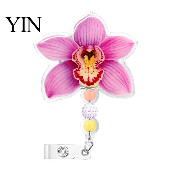 Decorative ID Badge Reel for Nurses Cute Flower Reels, Retractable Nurse Clip with Beaded Secure Backpacks Charm, Floral Name Card Holder Teacher