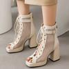 Summer Ankle Boots Women Shoes Black Beige High Heels Sexy Peep Toe Lace Up Short Boots Party Dance Shoes Ladies Large Size 45
