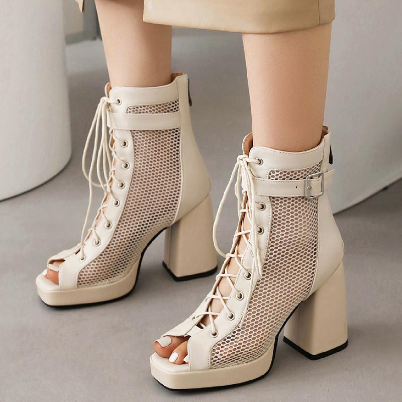 Summer Ankle Boots Women Shoes Black Beige High Heels Sexy Peep Toe Lace Up Short Boots Party Dance Shoes Ladies Large Size 45