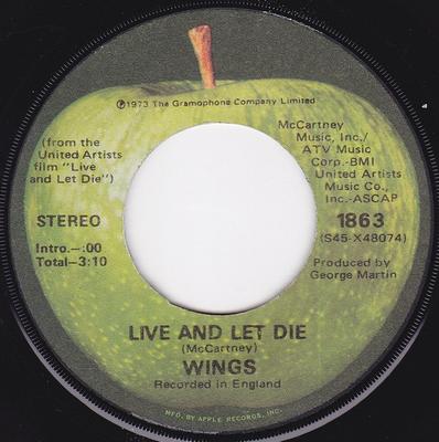 7-дюймовая пластинка WINGS - Live And Let Die 1863 Apple Records 1973 США Рок Б/у