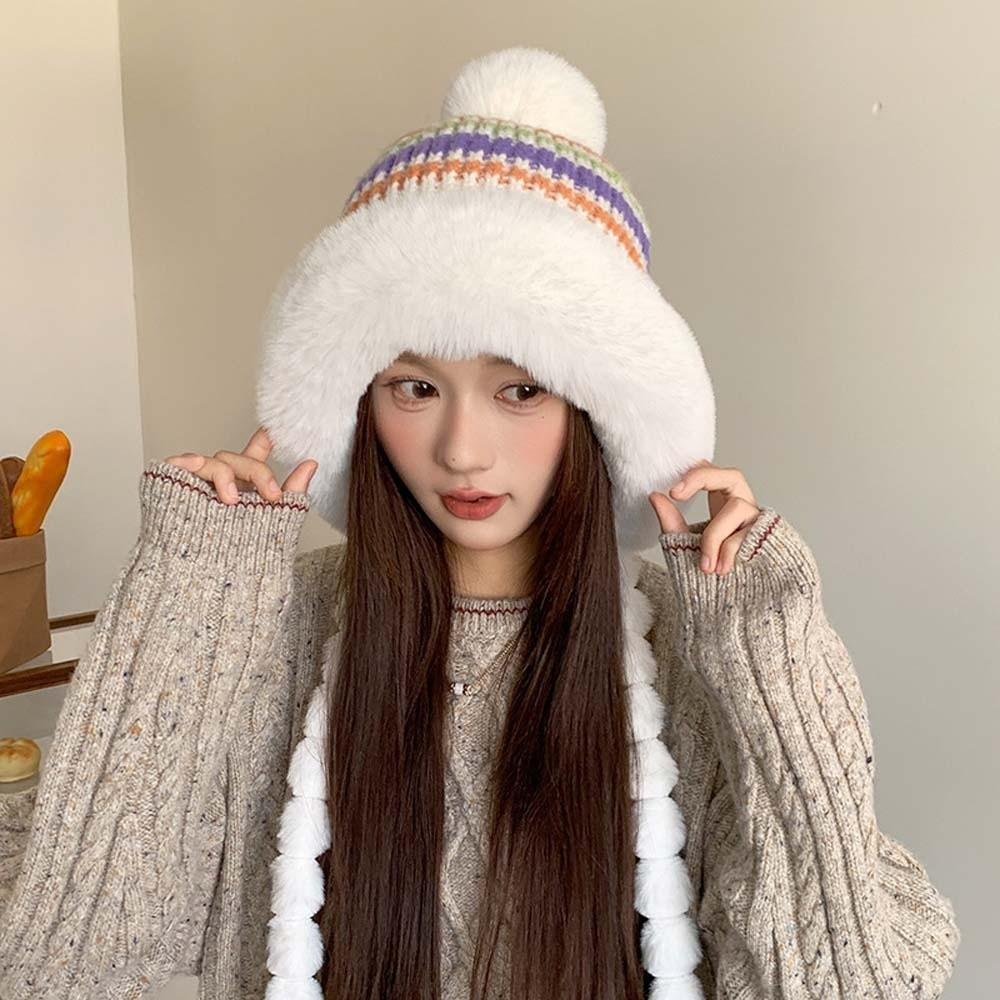 Striped Knit Pompom Braids Hat Fur Brim Fur Trim Trapper Fleece Knit Beanie Skiing
