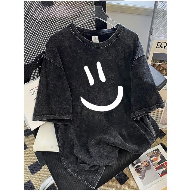 's Heavyweight 230gsm 100% Oversized T-Shirt - Vintage Washed Black & White joyful Face Print, Short Sleeve Round Neck Casual Summer Tee, Breathable