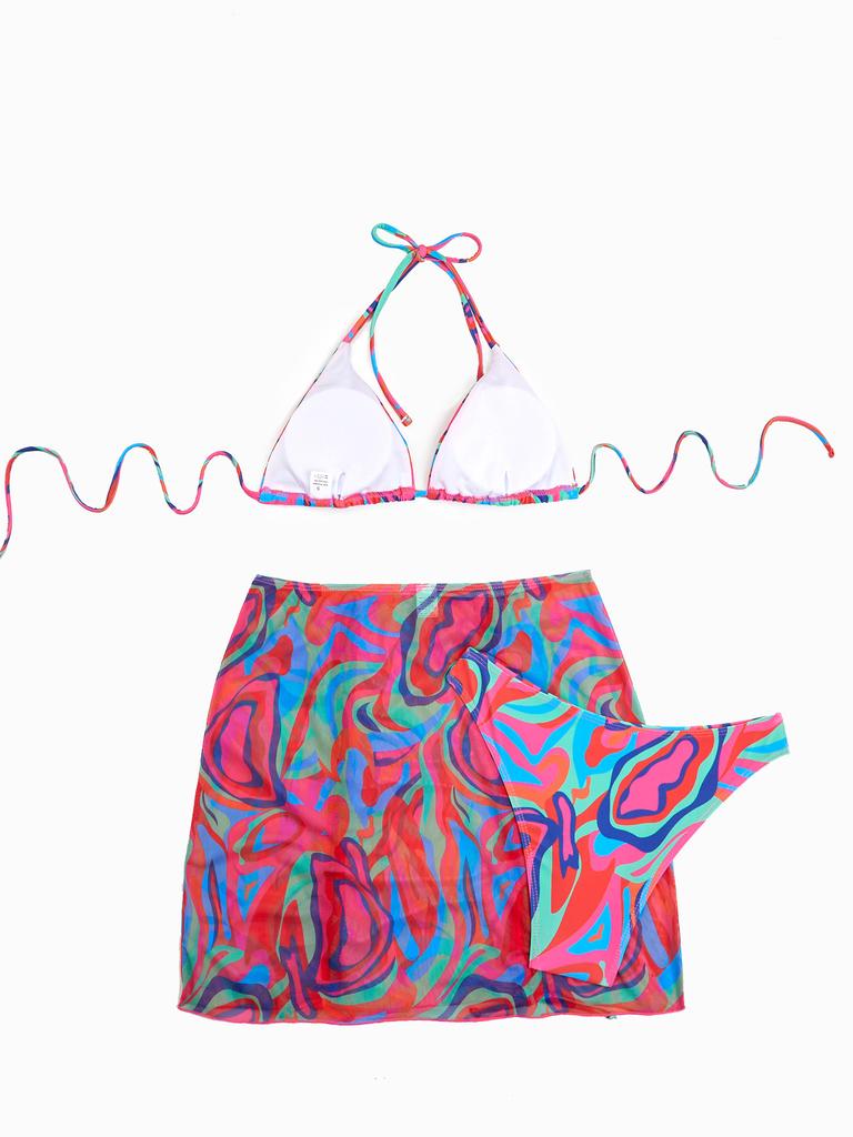 Women's Fashion Bikini Set 3 Pieces Multicolor Swimwear Set Padded Halter Backless Top High Cut Brief Lace Up Cover-up Swimsuit Sexy Bathing Suit