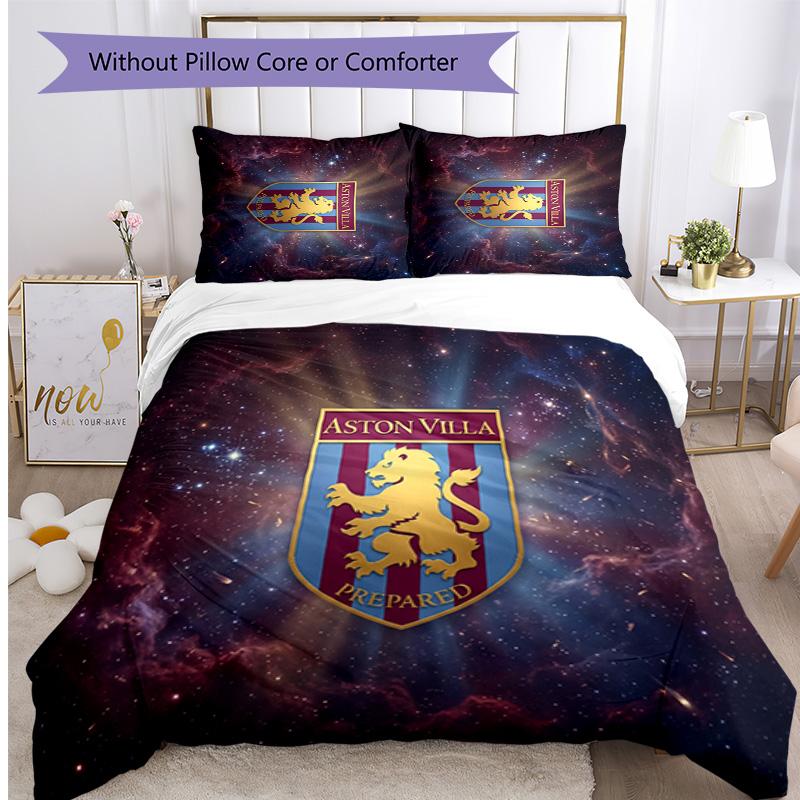 Aston Villa Football Printed 3 Pieces Bedding Set, Comfortable Skin Friendly Bedroom Duvet Cover Set