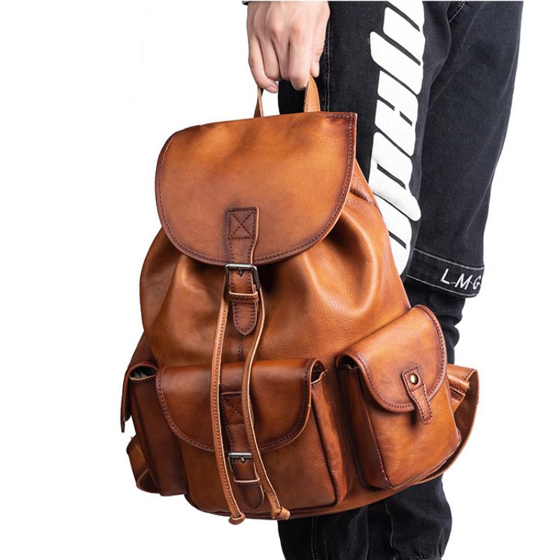 Johnature Men Genuine Leather Backpack Retro Large Capacity Portable Travel Bags Natural Real Cowhide Laptop Backpacks