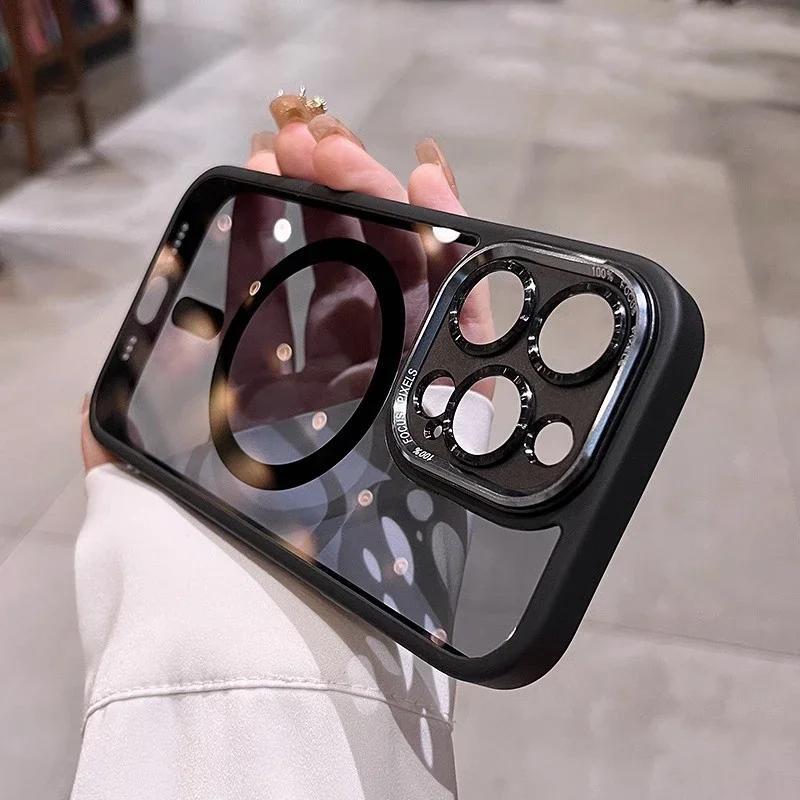 Iphone For 15 Pro Magsafe Case Fashion Metal Letters Camera Protection Cover For Iphone 13 14 15 Pro Max Magnet Shockproof Cover