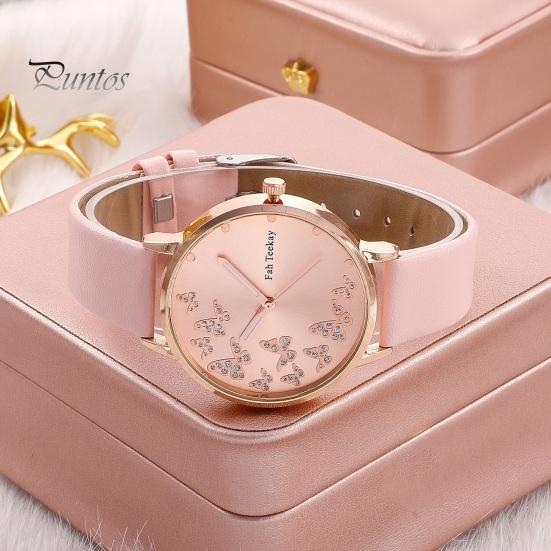 2 шт./компл. женские часы, браслет, набор, кварцевые часы, декор в виде бабочки, горный хрусталь, искусственный жемчуг, изысканный регулируемый ремешок из нержавеющей стали из искусственной кожи, женское запястье