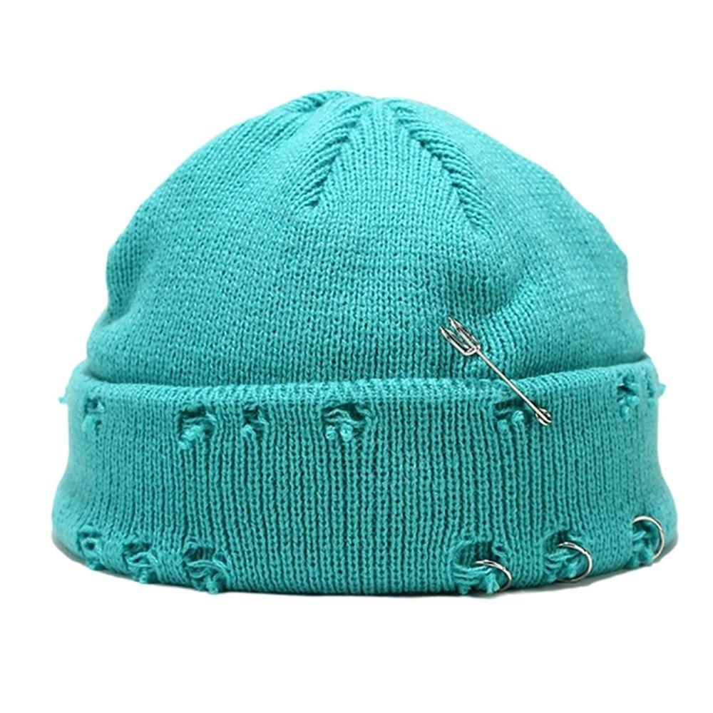 Casual Distressed Hole Female O-Ring Winter With Pins Knitted Hat Beanie Hat Warm Cap Solid Color