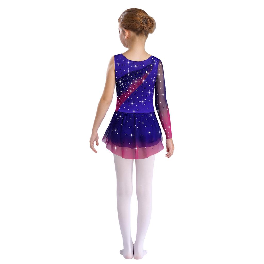 Girls Lyrical Dance Dress Round Neck Asymmetrical Split Shiny Rhinestones Contrast Color Figure Skating Gymnastics Gown