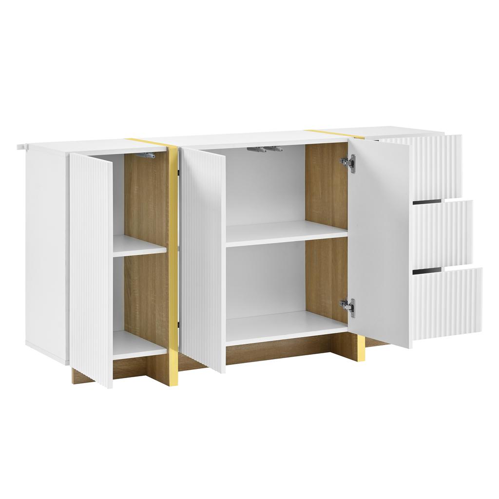 Sideboard, Vertically Fluted Front, 3 Swing Doors, 3 Drawers, Golden Decorative Strips, Wood-Look Base, Soft-Close Hinges, Storage Cabinet