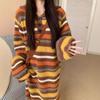 Длинный свитер с капюшоном женский контрастные полоски прямая вязка темперамент мягкий восковой ленивый стиль ретро платье женское