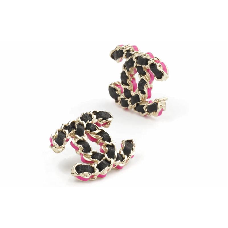 Chanel Классические серьги-гвоздики с кожей Double C для женщин, черные с золотом