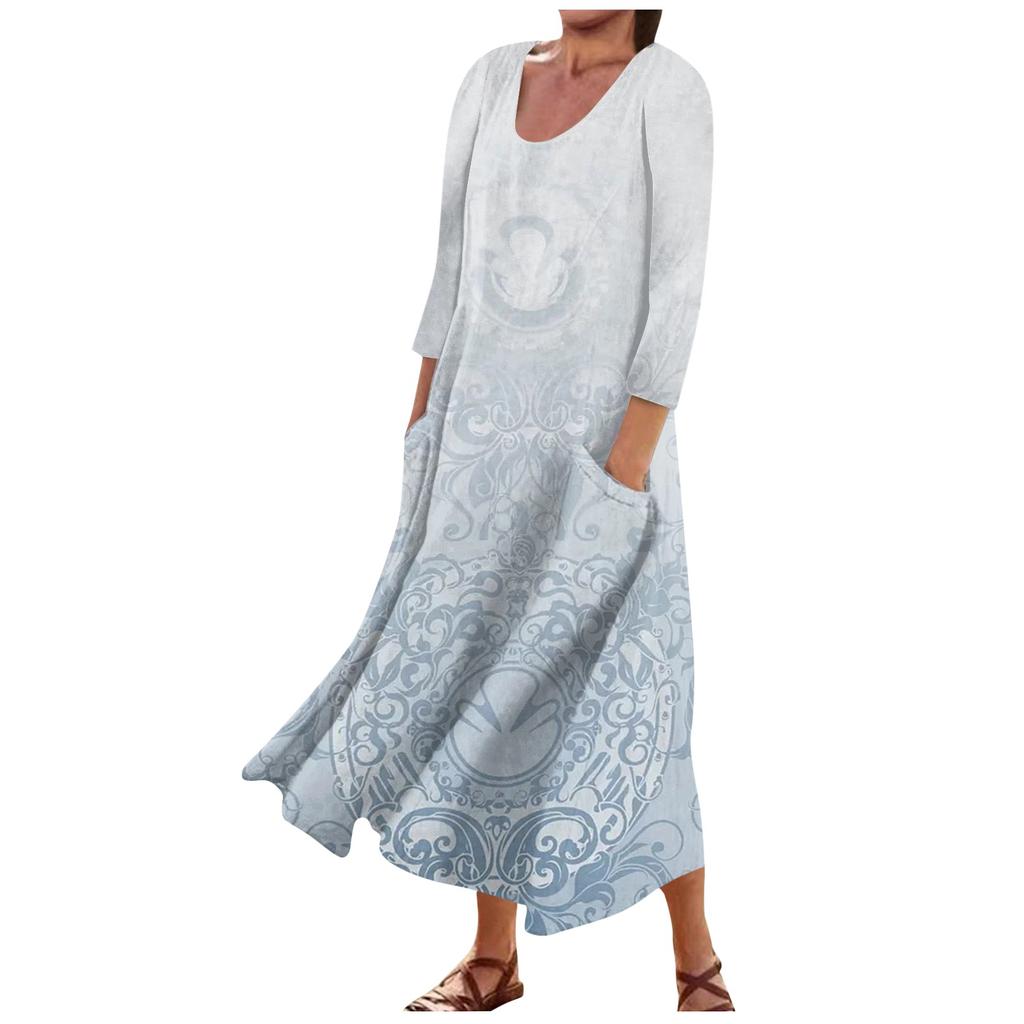 Женское модное повседневное свободное карманное платье с круглым вырезом и рукавами 3/4