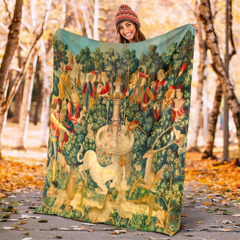 1PC Medieval Unicorn Hunting blanket, al season lightweigh Poster blanket home office outdoor nap multifunc Poster blanketional blanket