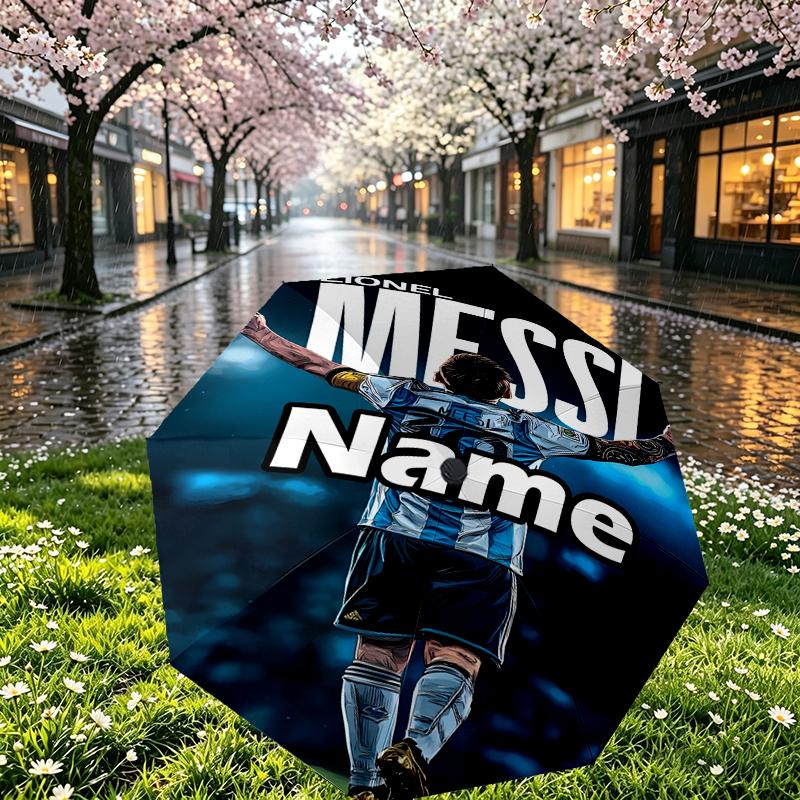 Custom Name Personalized Lionel Messi Print Umbrella, Auto Open Close, 8‑Rib Sturdy Frame, Commute Camping Hiking Use, Birthday Gift