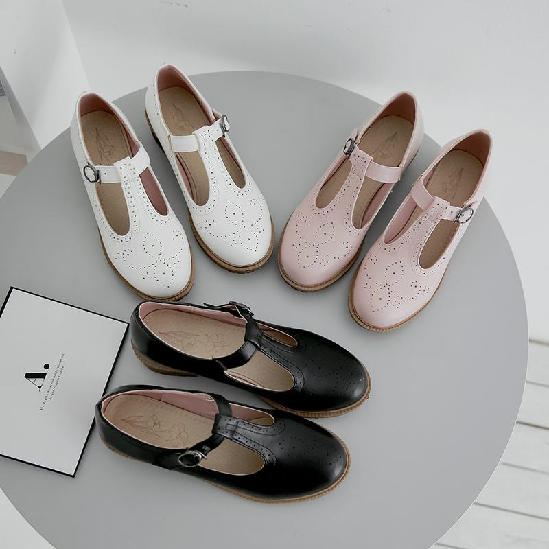 Fashion Women Flats Shoes Big Size 33-43 Retro College Wind Round Buckle Thick Crust Muffin Shoes Small Doll Leather Sweet Zapatos Mujer