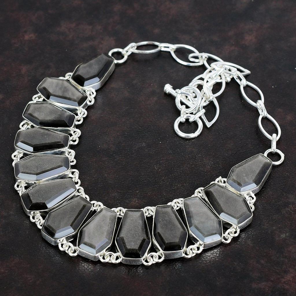 Faceted Silver Sheen Obsidian Necklace 925 Sterling Silver Necklace Adjustable Chain Necklace Handmade Jewelry Gemstone Necklace for Gifts