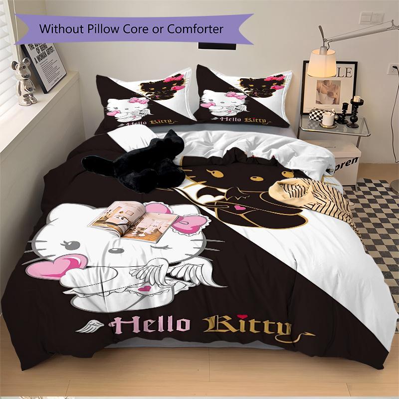 3pcs Hello Kitty Devil Angel Printed Bedding Set, Soft and Comfortable Quilt Cover for Bedroom, Guest Room (1 Duvet Cover + 2 Pillowcases, P