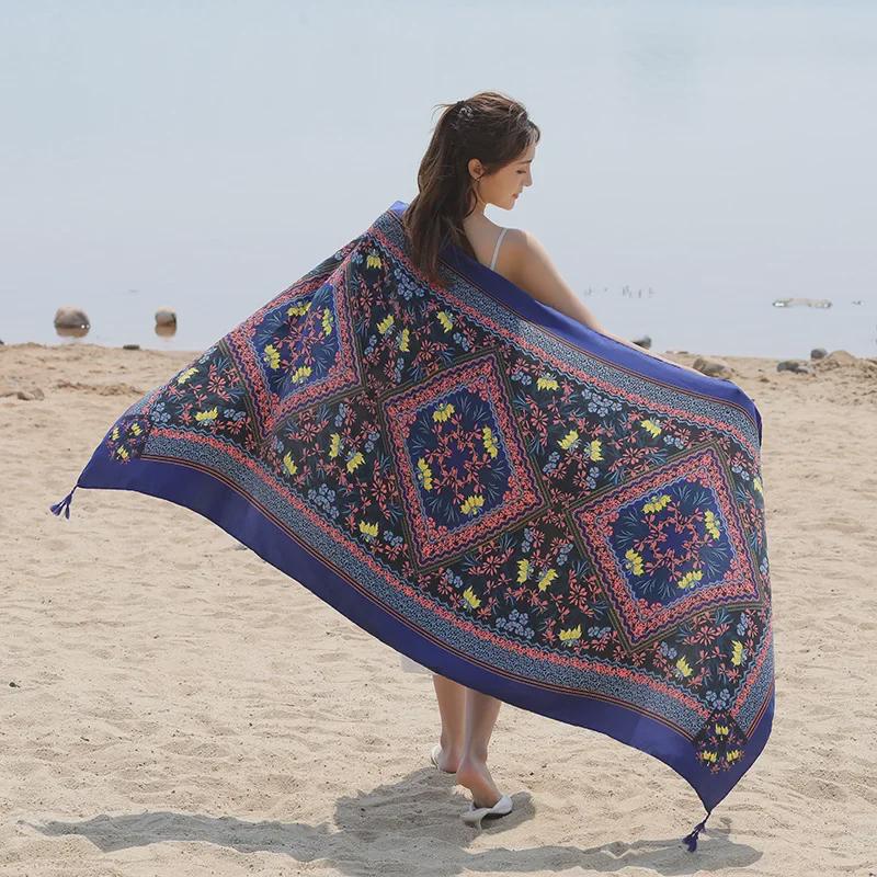 Seaside Travel Cotton & Linen Scarf: Silk Print, Sunscreen Shawl