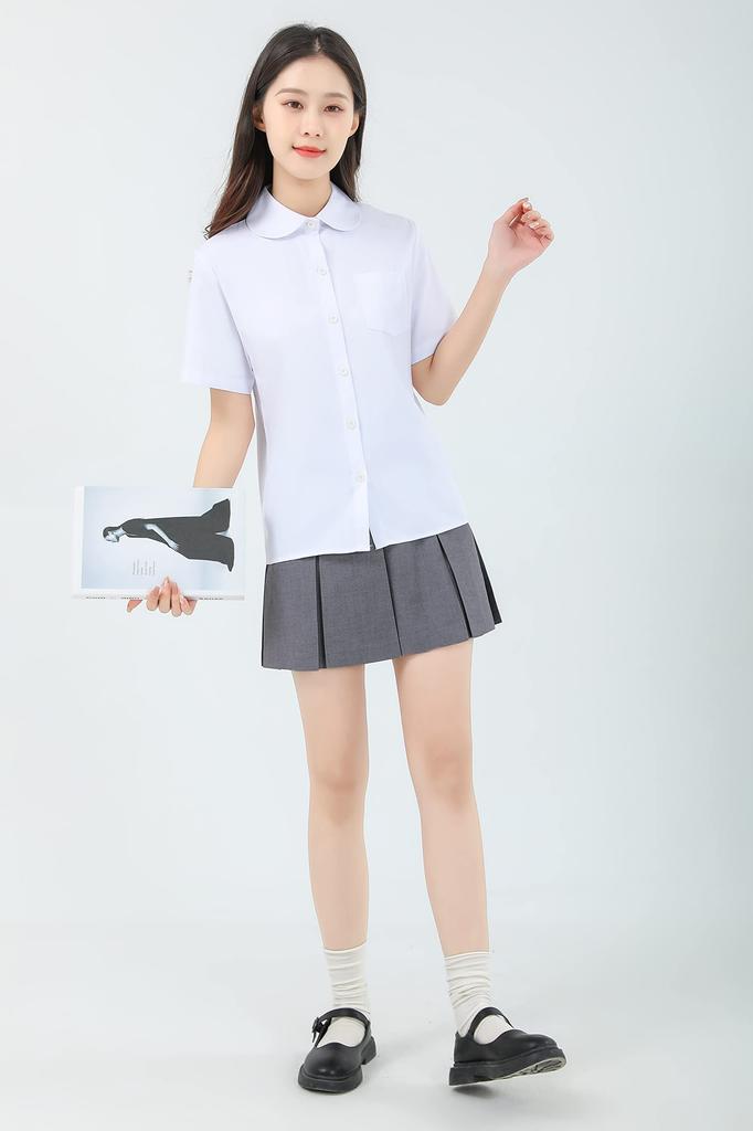 Школьная короткая рубашка с карманом [Sharphon] Рубашка для девочек, Рукав, Воротник, Однотонная, Хлопок, Топ,