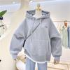 Women's Fleece-Lined Patchwork Hooded Sweatshirt - 2025 Autumn/Winter Korean Style Embroidered Loose Fit