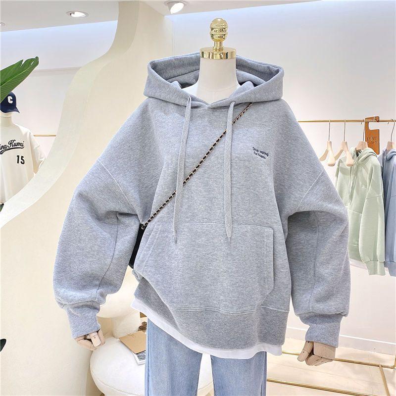Women's Fleece-Lined Patchwork Hooded Sweatshirt - 2025 Autumn/Winter Korean Style Embroidered Loose Fit