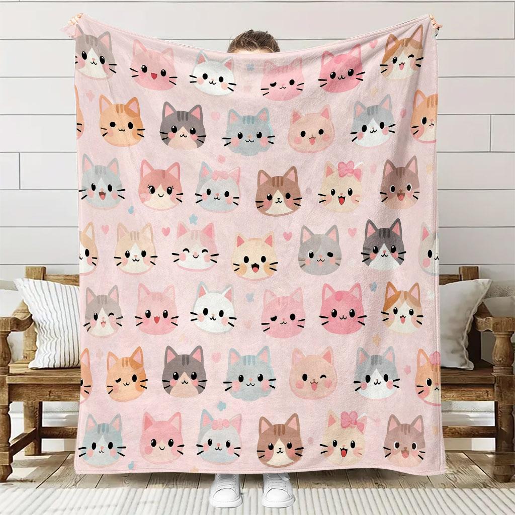 Cute Cartoon Cat Face Print Flannel Blanket Pink Kitten Soft Warm Throw Blanket Sofa Bed Kids Pet Lover Home Decor Gift