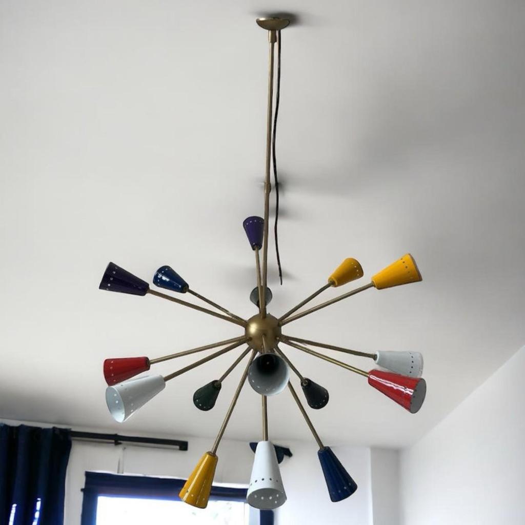 16-Arm Multicolored Sputnik Brass Chandelier Pendant - Stilnovo Large Chandelier - Christmas Decor Accent Gift