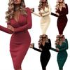 Evening Party Women Solid Color V Neck Long Sleeve Knee Length Bodycon Dress