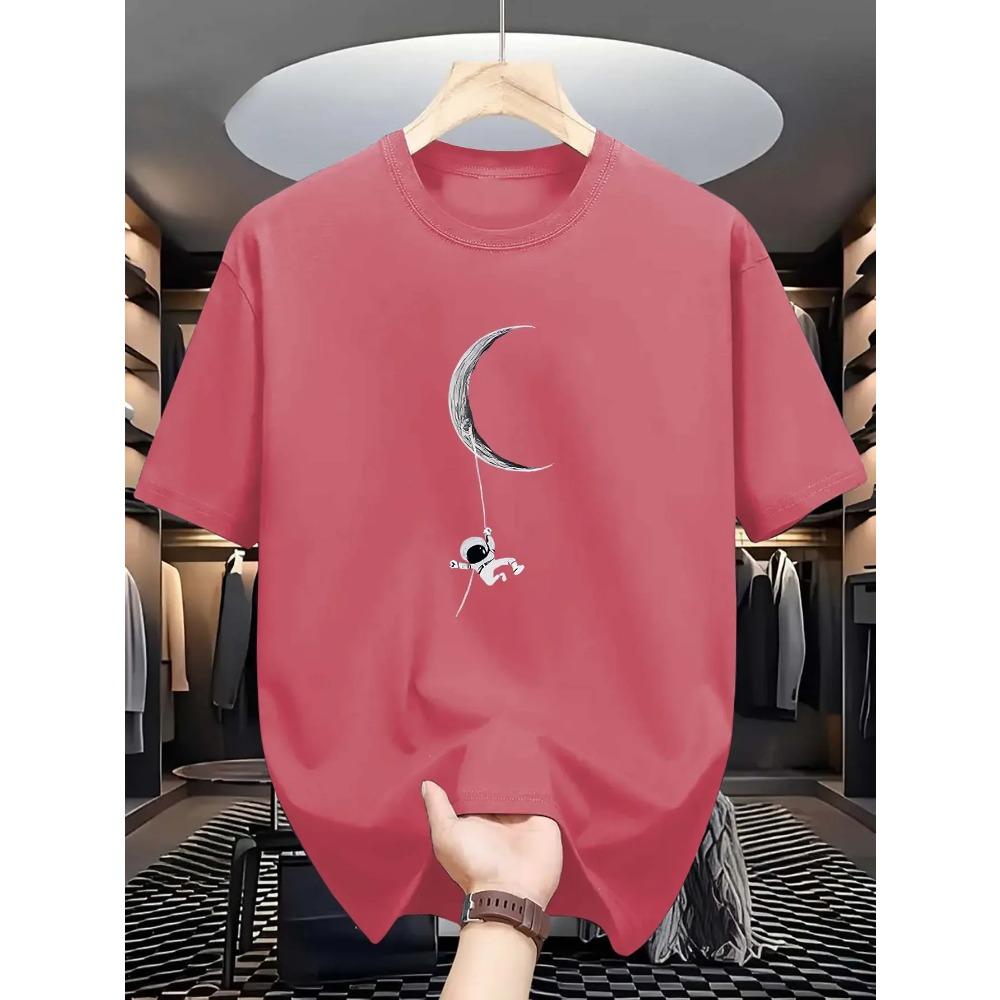 Мужская футболка с принтом «Астронавт и Луна», повседневная футболка с коротким рукавом и круглым вырезом, состав, стандартный крой, легкая эластичность