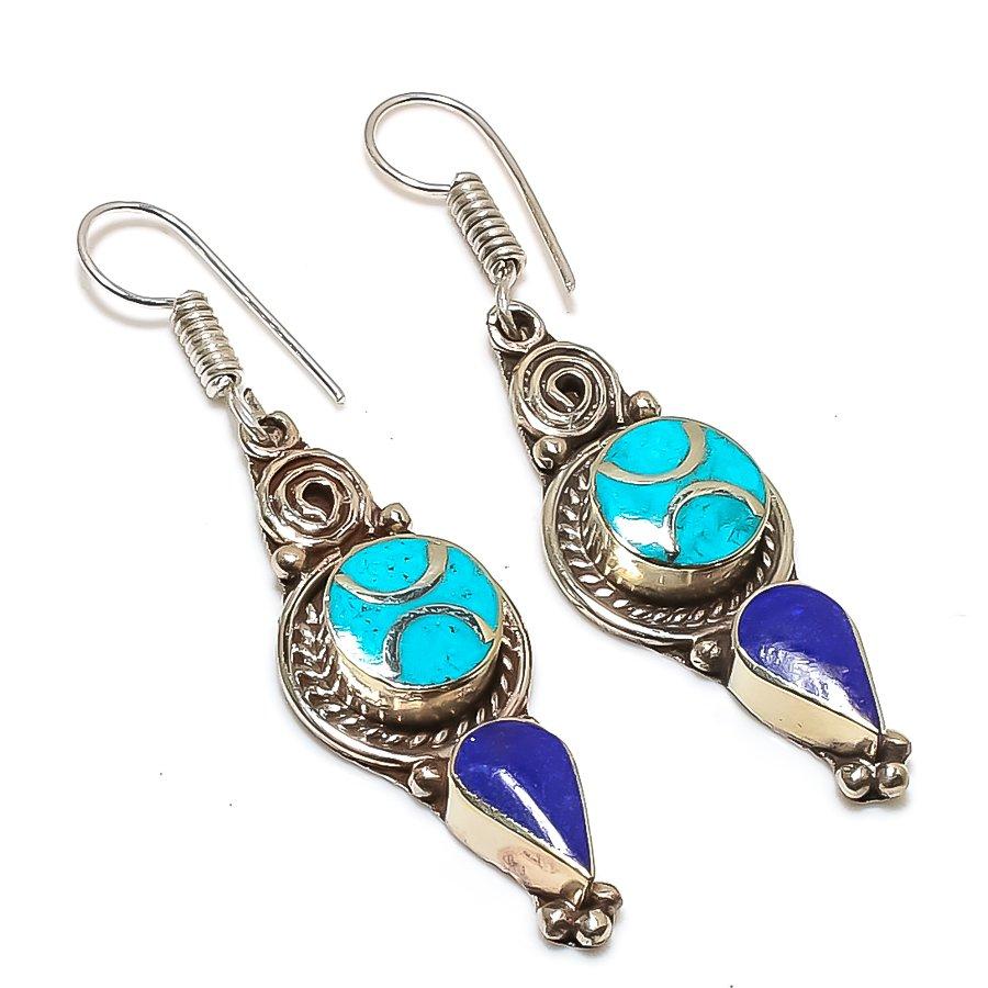 Natural Tibetan Turquoise, Lapis Gemstone Handmade Jewelry Earring 2.36" p4N14