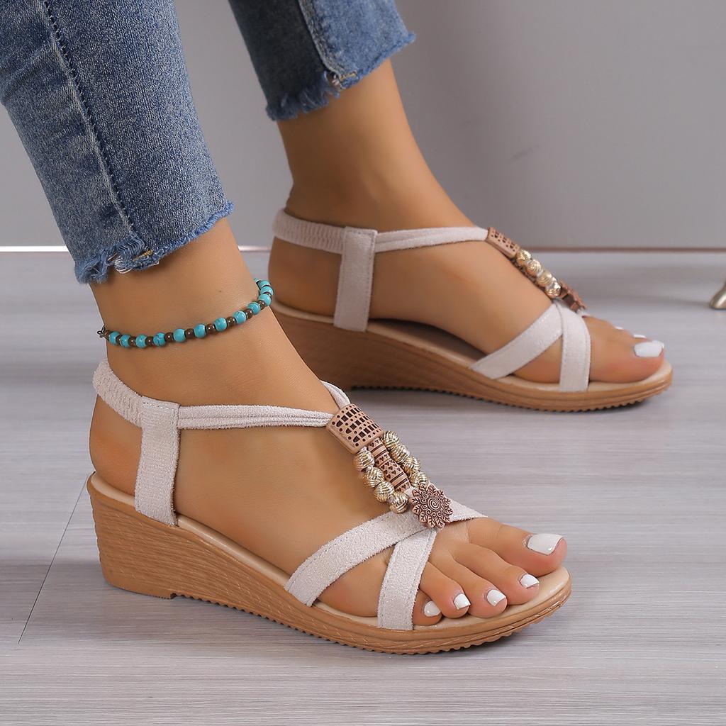 2025 New Summer Wedge Heel Sandals Women's Bohemi Korean Version Casual Handmade Beaded Flat Beach Sandals In Stock