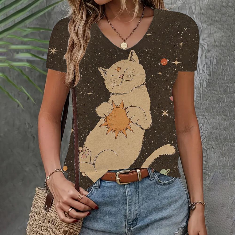 Футболка с рисунком кошки, женская одежда, модный топ с V-образным вырезом, летняя, новая, свободная, с коротким рукавом, повседневная, элегантная женская футболка