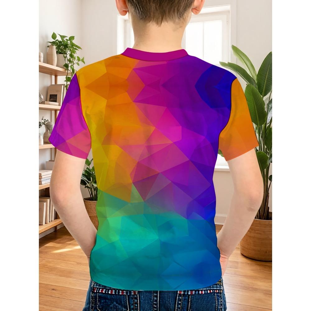 Boys outdoor casual sports round neck short-sleeved T-shirt, rainbow gradient geometric print T-shirt,