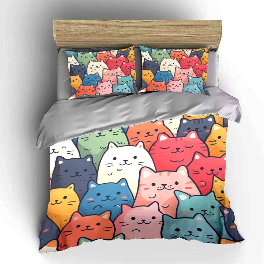 Colorful Cat Pattern Bed Set Bedding Duvet Cover Set Duvet Cover Pillowcases (1 * Duvet Cover 2 * Pillowcases, without duvet insert)