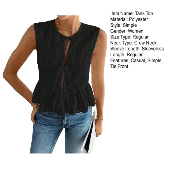 Женская майка с завязками спереди, летняя рубашка без рукавов с круглым вырезом, повседневная блузка для пляжного отдыха