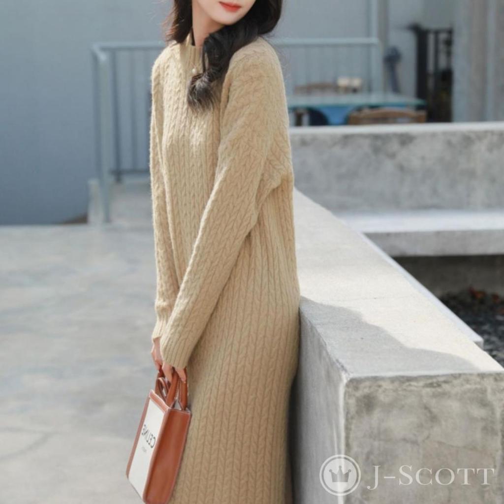 Круглый шнур ниже колена длинный легкий в движении выглядит длинный рукав модный десять выглядит аккуратно взрослый взрослый бежевый [J-Scott] [Ограниченный запас] Женский трикотаж, трикотаж,