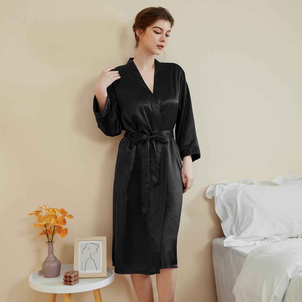 Женская атласная домашняя одежда весна-осень, сексуальная пижама, халат с длинным рукавом, однотонный банный халат со шнуровкой