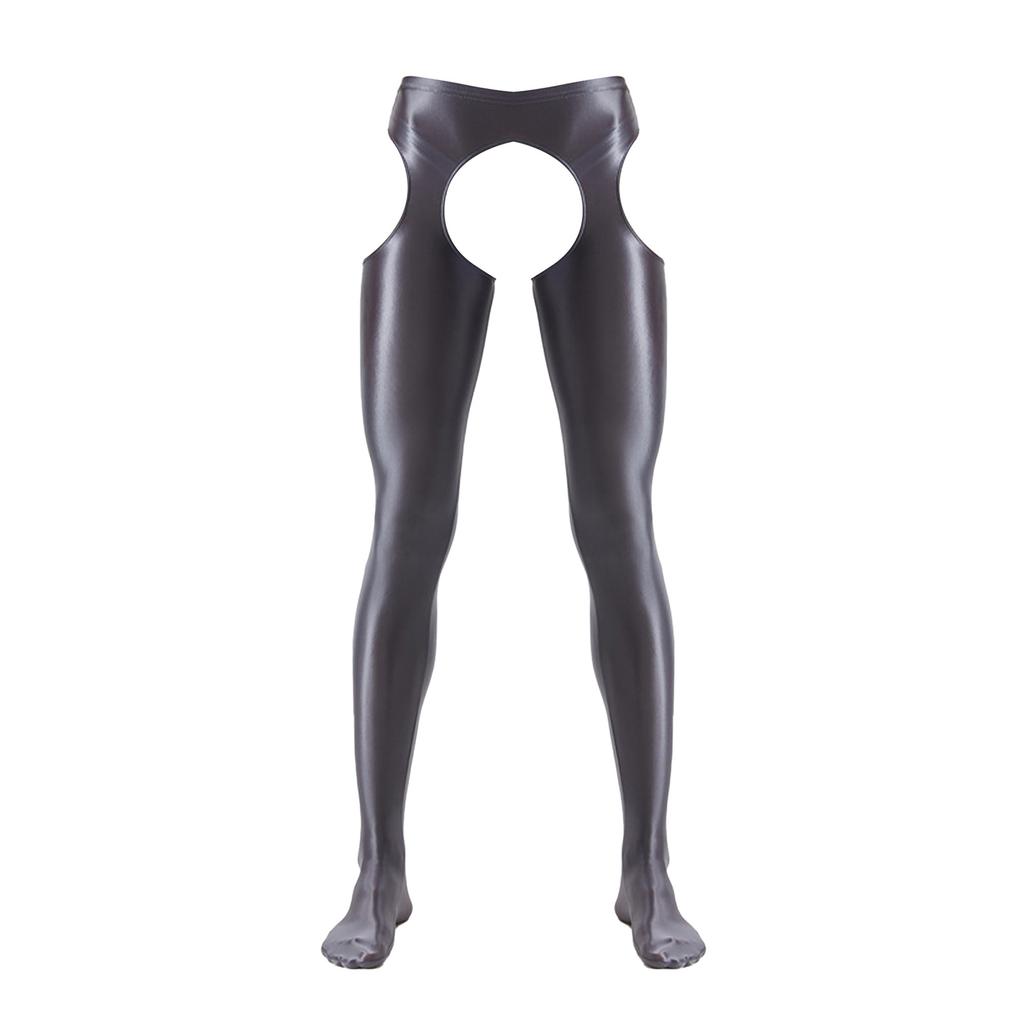 Mens Cutout Crotchless Pantyhose Glossy Mid Waist Tights Leggings