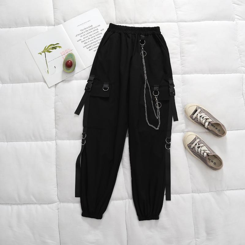 Black Cargo Pants Women Chain Trousers Female Streetwear